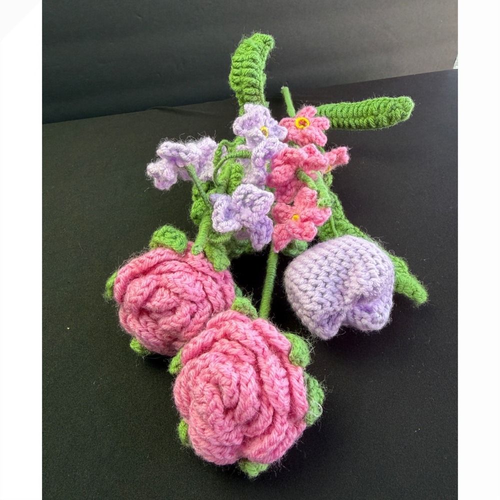 Handmade Crochet Flower Bouquet 5pc Pink Purple Roses Tulip Cottagecore Decor